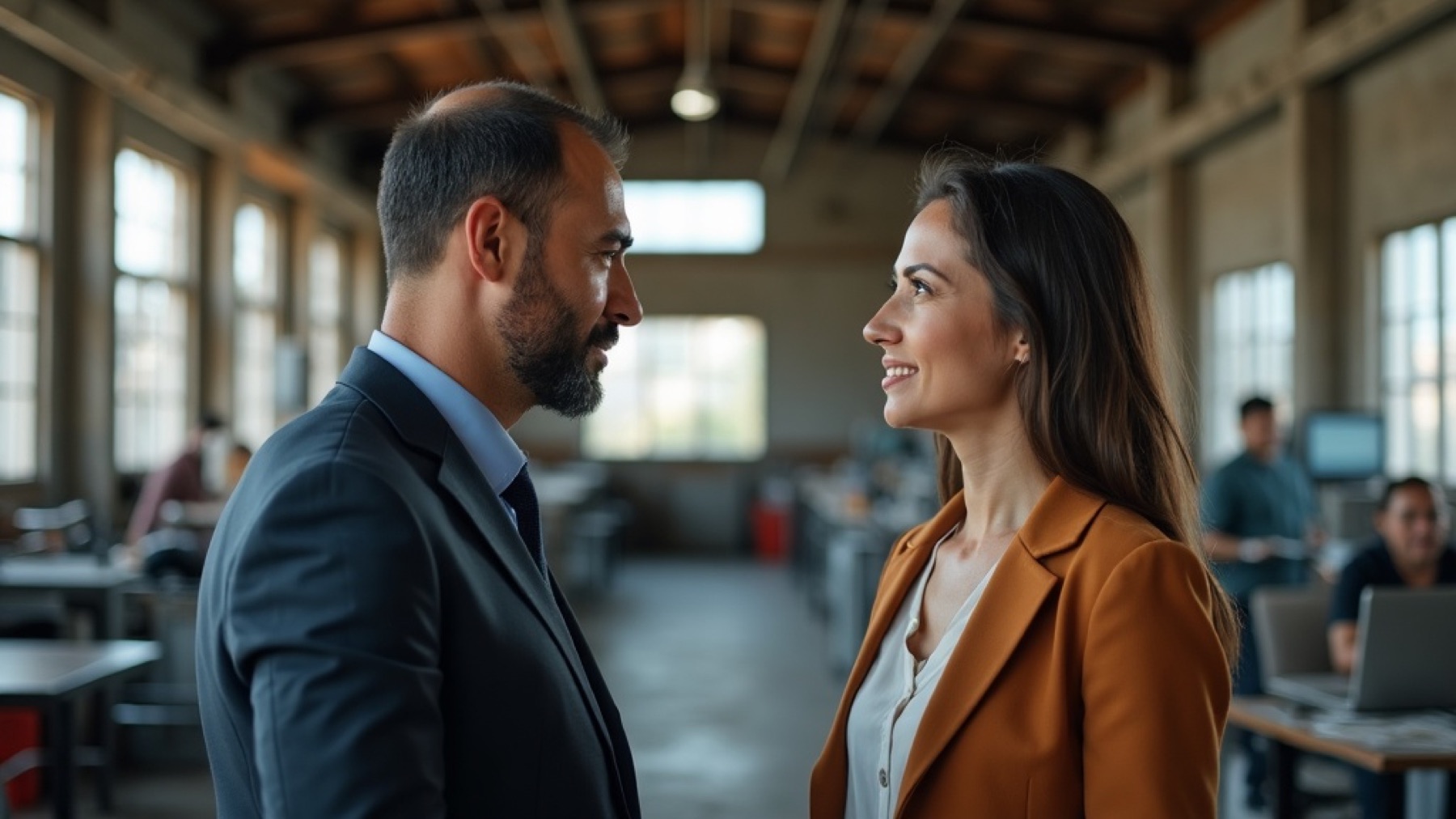 Dos socios mexicanos conversando en el taller de su empresa en el Bajío, revisando juntos el futuro del negocio.