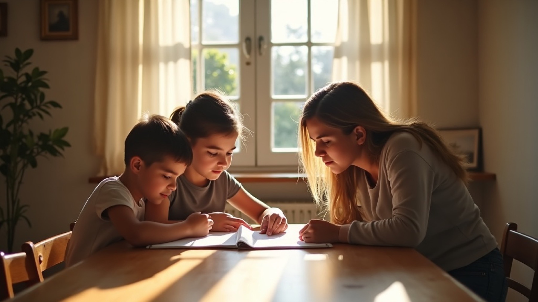 Madre mexicana revisando un calendario familiar con sus dos hijos adolescentes en la cocina de casa