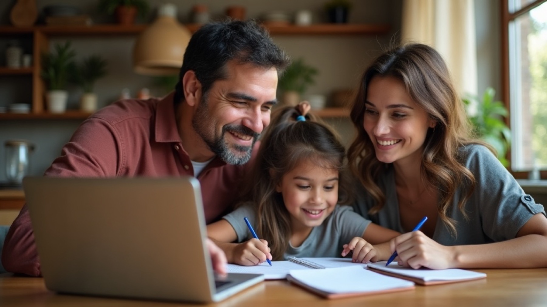 Padres mexicanos acompañando a su hija adolescente mientras estudia en casa, representando la tranquilidad de un seguro educativo